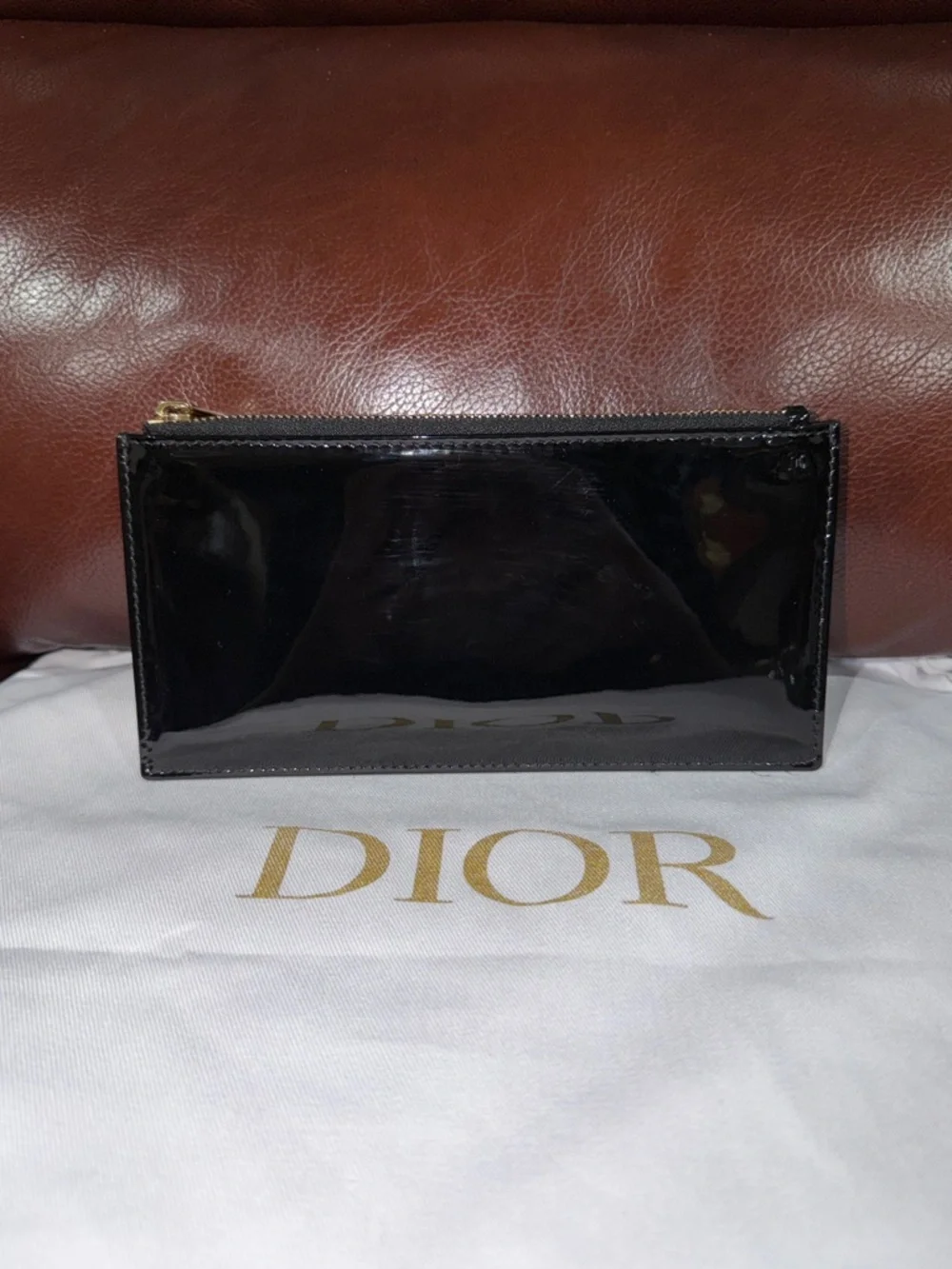 ‼️Authentic Christian Dior Black Patent Leather Zip Wallet Card Holder Pouch